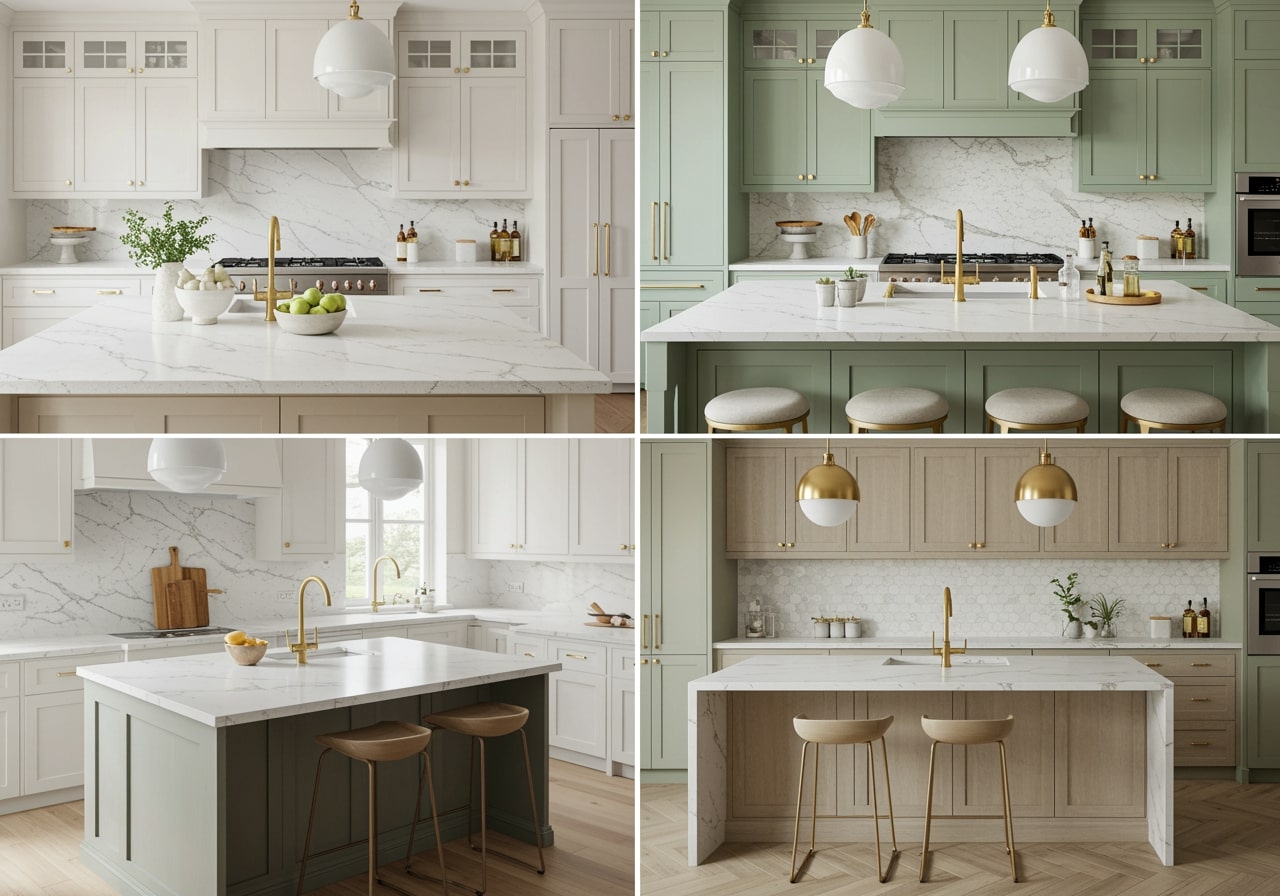 White quartz countertop close-up showing clean edge detail in a classic kitchen